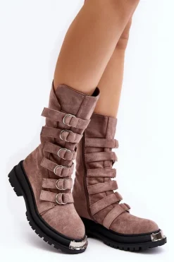 Boto Botki Zimowe Damskie|Brązowe I Beżowe Botki*Zamszowe Wysokie Botki Workery Z Paskami Ciemnobeżowe Elnatea