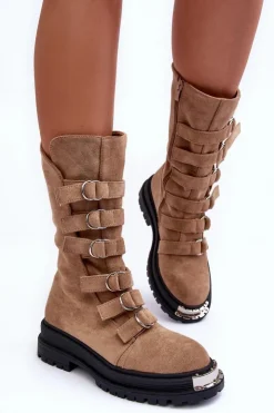 Damskie Boto Zamszowe Wysokie Botki Workery Z Paskami Beżowe Elnatea