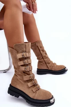 Damskie Boto Zamszowe Wysokie Botki Workery Z Paskami Beżowe Elnatea