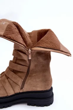 Damskie Boto Zamszowe Wysokie Botki Workery Z Paskami Beżowe Elnatea