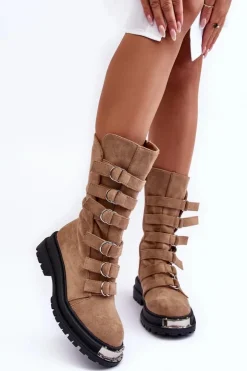 Damskie Boto Zamszowe Wysokie Botki Workery Z Paskami Beżowe Elnatea