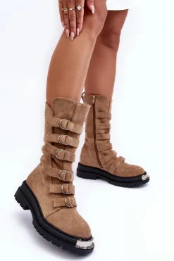 Damskie Boto Zamszowe Wysokie Botki Workery Z Paskami Beżowe Elnatea