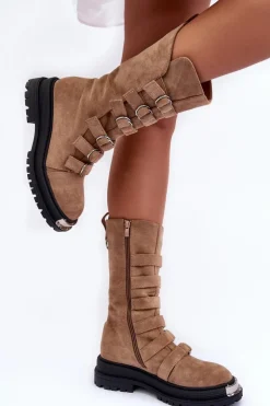 Damskie Boto Zamszowe Wysokie Botki Workery Z Paskami Beżowe Elnatea