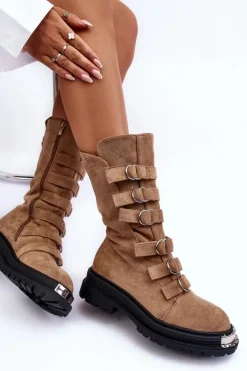 Damskie Boto Zamszowe Wysokie Botki Workery Z Paskami Beżowe Elnatea