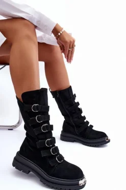 Sale Boto Zamszowe Wysokie Botki Workery Z Paskami Czarne Elnatea
