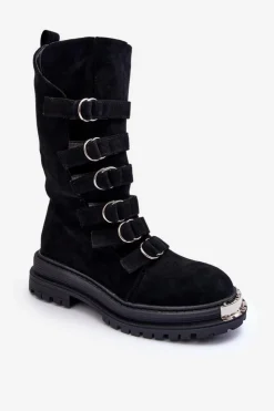 Sale Boto Zamszowe Wysokie Botki Workery Z Paskami Czarne Elnatea