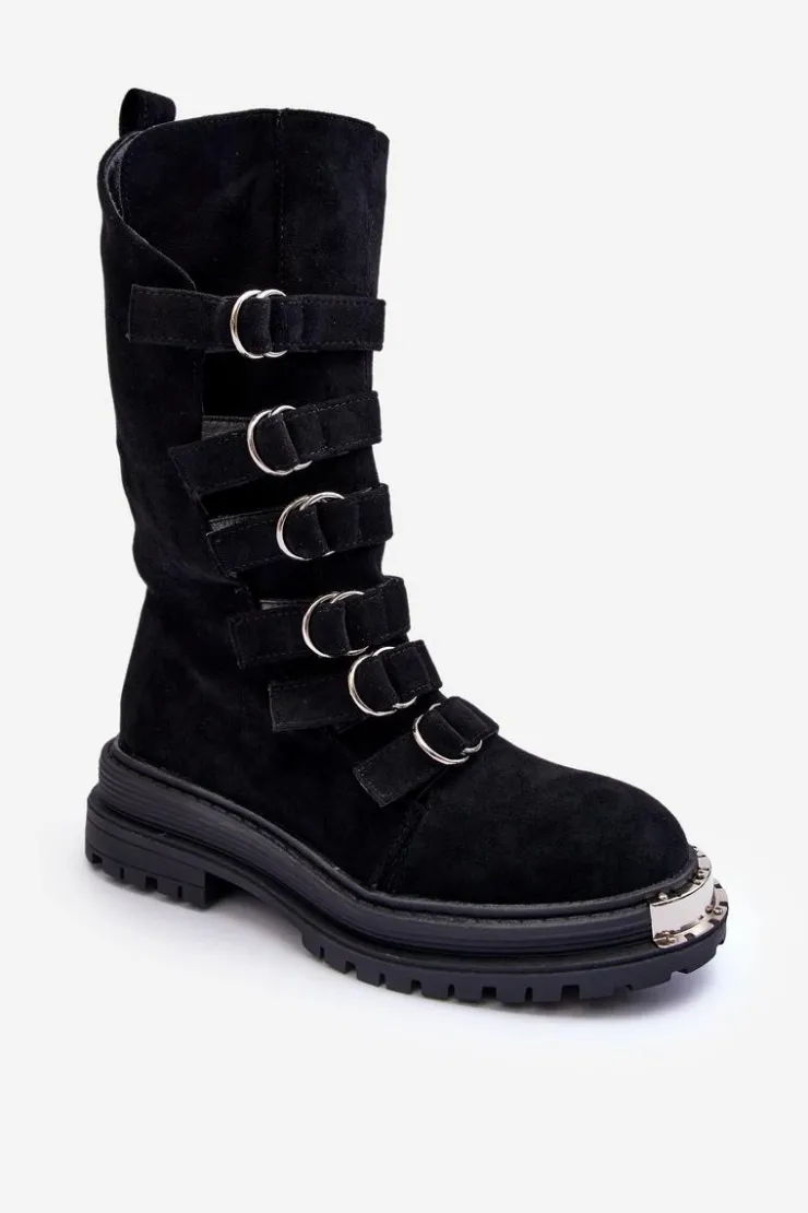 Sale Boto Zamszowe Wysokie Botki Workery Z Paskami Czarne Elnatea