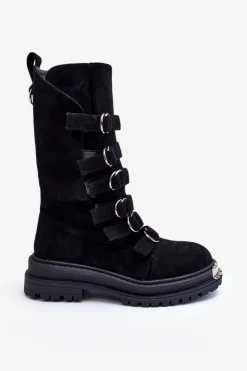 Sale Boto Zamszowe Wysokie Botki Workery Z Paskami Czarne Elnatea