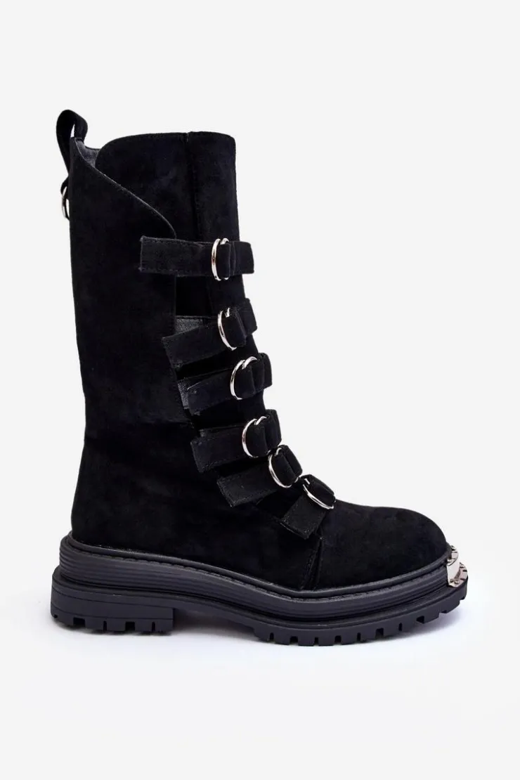 Sale Boto Zamszowe Wysokie Botki Workery Z Paskami Czarne Elnatea