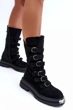 Sale Boto Zamszowe Wysokie Botki Workery Z Paskami Czarne Elnatea