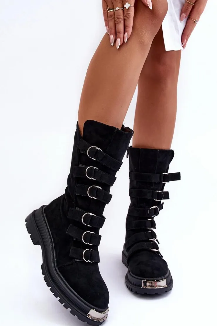 Sale Boto Zamszowe Wysokie Botki Workery Z Paskami Czarne Elnatea