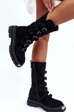 Sale Boto Zamszowe Wysokie Botki Workery Z Paskami Czarne Elnatea