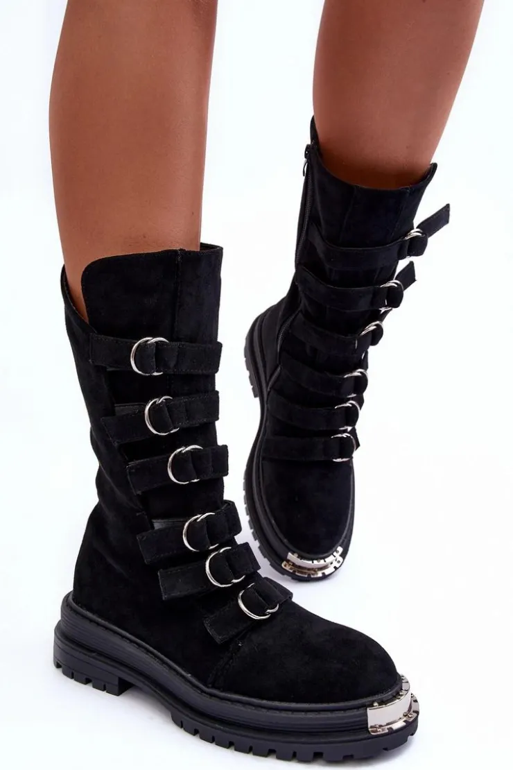 Sale Boto Zamszowe Wysokie Botki Workery Z Paskami Czarne Elnatea