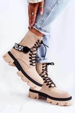 Boto Damskie Trapery|Botki Sznurowane*Zamszowe Wysokie Botki Z Ociepleniem Beżowe Danity