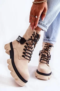 Boto Damskie Trapery|Botki Sznurowane*Zamszowe Wysokie Botki Z Ociepleniem Beżowe Danity
