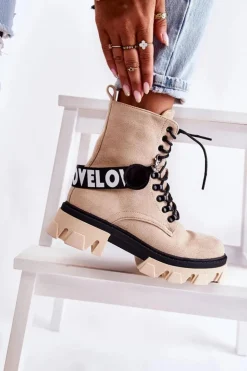 Boto Damskie Trapery|Botki Sznurowane*Zamszowe Wysokie Botki Z Ociepleniem Beżowe Danity