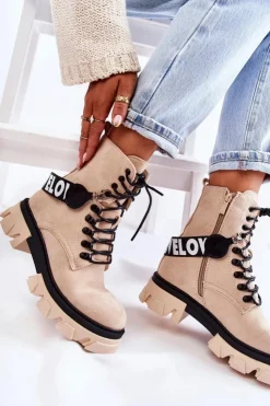 Boto Damskie Trapery|Botki Sznurowane*Zamszowe Wysokie Botki Z Ociepleniem Beżowe Danity