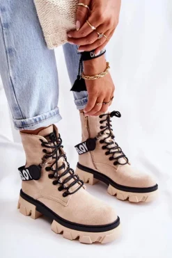 Boto Damskie Trapery|Botki Sznurowane*Zamszowe Wysokie Botki Z Ociepleniem Beżowe Danity