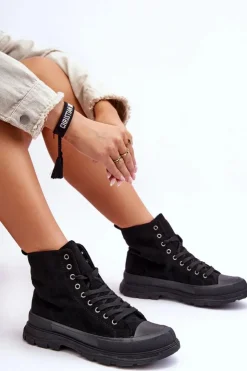 Boto Trampki Damskie Wysokie*Zamszowe Wysokie Trampki Damskie Czarne Eleamia