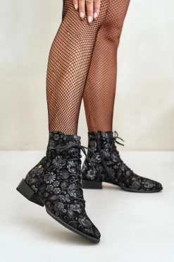 Maciejka Botki Maciejka|Botki Skórzane*Zamszowe Wzorzyste Botki Na Płaskim Obcasie 06391-01 Czarne Czarny