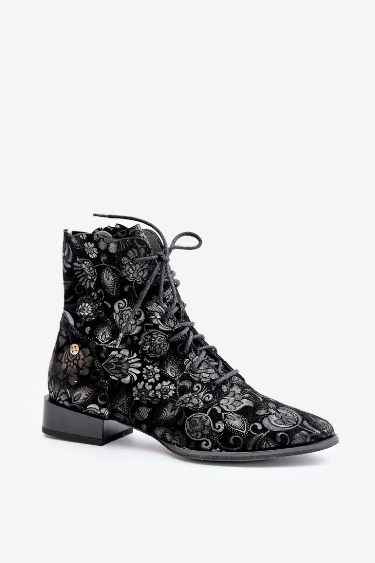 Maciejka Botki Maciejka|Botki Skórzane*Zamszowe Wzorzyste Botki Na Płaskim Obcasie 06391-01 Czarne Czarny