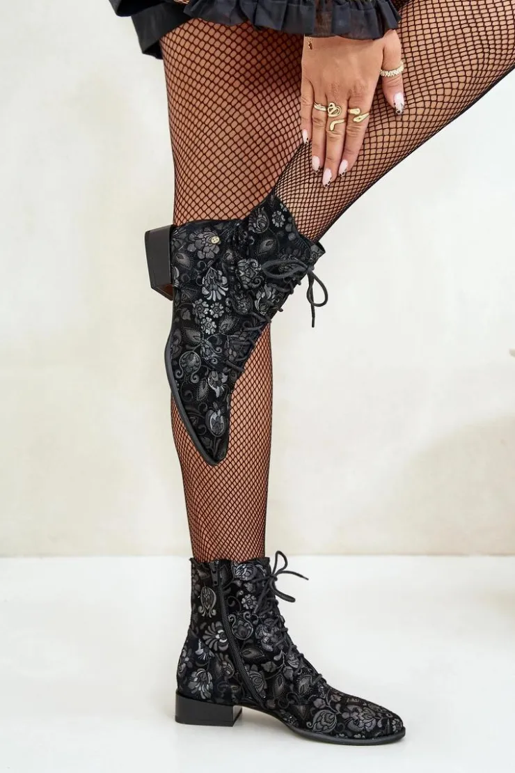 Maciejka Botki Maciejka|Botki Skórzane*Zamszowe Wzorzyste Botki Na Płaskim Obcasie 06391-01 Czarne Czarny