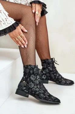 Maciejka Botki Maciejka|Botki Skórzane*Zamszowe Wzorzyste Botki Na Płaskim Obcasie 06391-01 Czarne Czarny