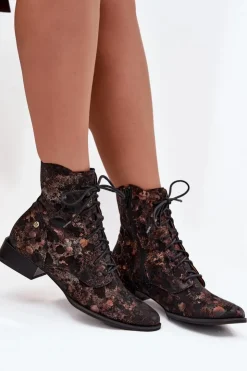 Damskie Maciejka Zamszowe Wzorzyste Botki Na Płaskim Obcasie 06391-02 Czarno-Złote
