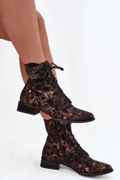 Damskie Maciejka Zamszowe Wzorzyste Botki Na Płaskim Obcasie 06391-02 Czarno-Złote