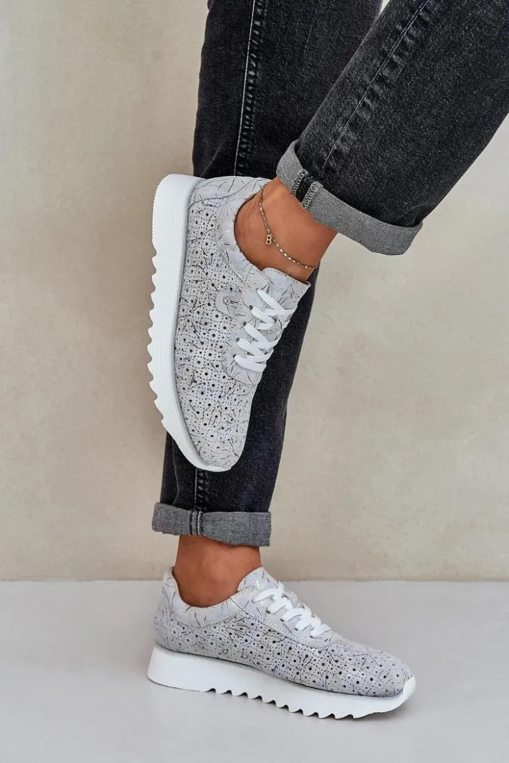 Sale Damskie buty S.Barski Zamszowe Wzorzyste Buty Sportowe Na Platformie Z Brokatem D&A LR51-635 Srebrne Srebrny