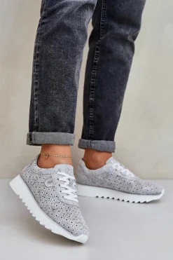 Sale Damskie buty S.Barski Zamszowe Wzorzyste Buty Sportowe Na Platformie Z Brokatem D&A LR51-635 Srebrne Srebrny