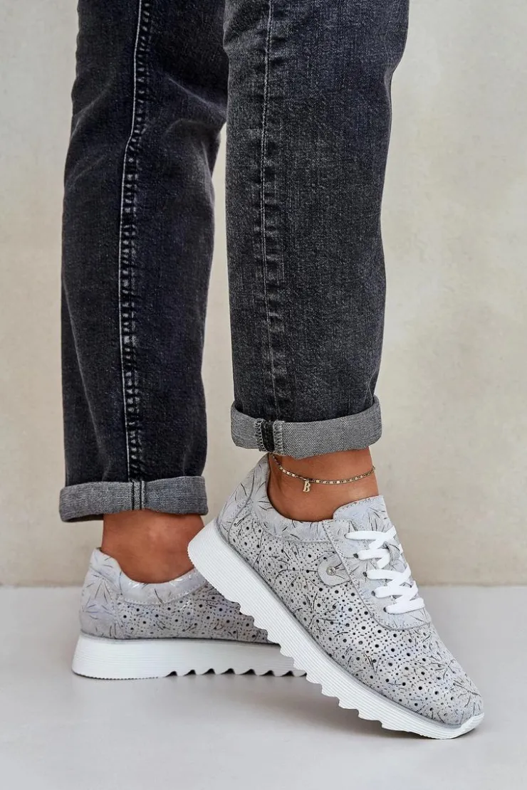 Sale Damskie buty S.Barski Zamszowe Wzorzyste Buty Sportowe Na Platformie Z Brokatem D&A LR51-635 Srebrne Srebrny