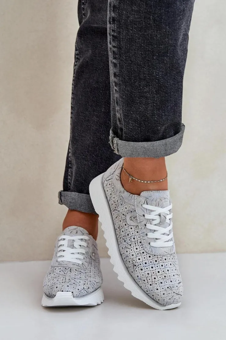 Sale Damskie buty S.Barski Zamszowe Wzorzyste Buty Sportowe Na Platformie Z Brokatem D&A LR51-635 Srebrne Srebrny