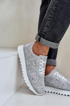 Sale Damskie buty S.Barski Zamszowe Wzorzyste Buty Sportowe Na Platformie Z Brokatem D&A LR51-635 Srebrne Srebrny