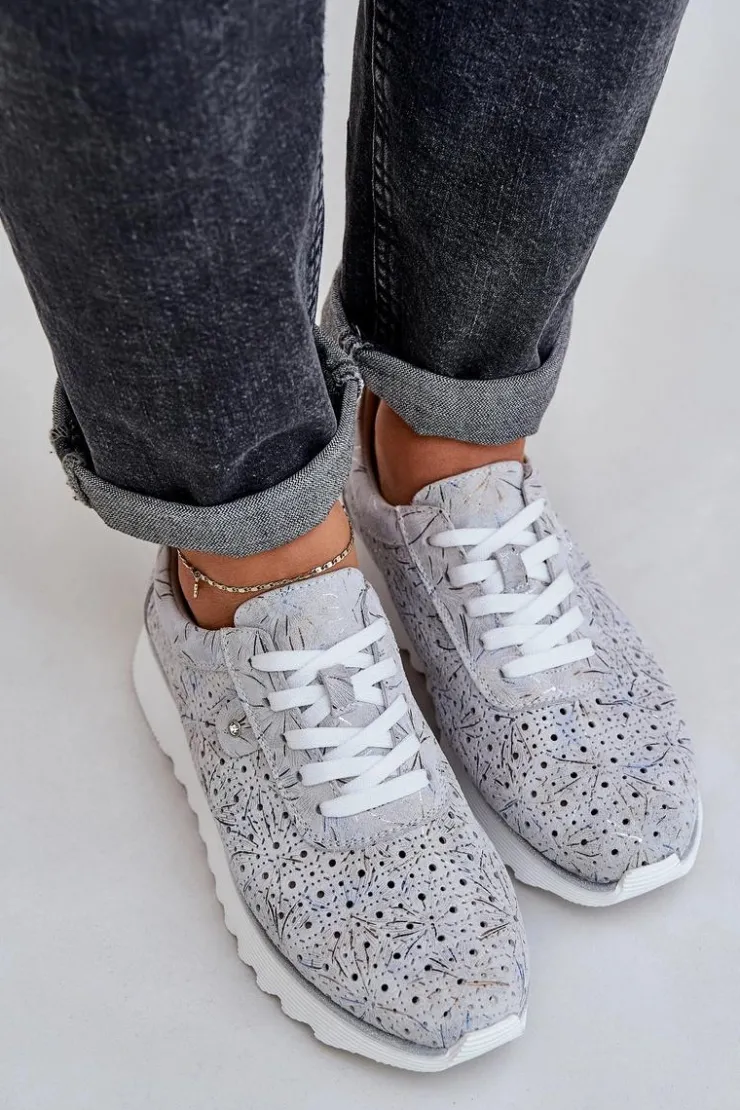 Sale Damskie buty S.Barski Zamszowe Wzorzyste Buty Sportowe Na Platformie Z Brokatem D&A LR51-635 Srebrne Srebrny