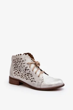 Zazoo Botki Wiosenne|Botki Skórzane*2871 Ażurowe Botki Damskie Sznurowane Srebrne Srebrny