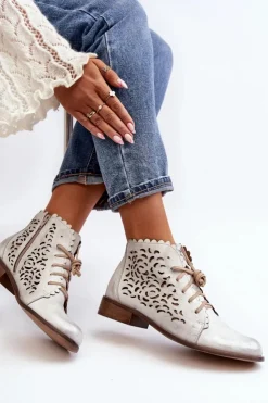 Zazoo Botki Wiosenne|Botki Skórzane*2871 Ażurowe Botki Damskie Sznurowane Srebrne Srebrny