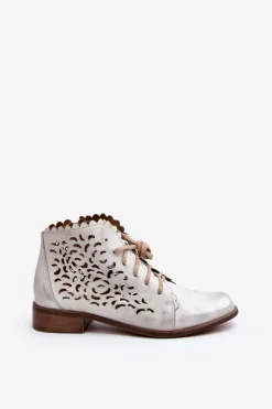 Zazoo Botki Wiosenne|Botki Skórzane*2871 Ażurowe Botki Damskie Sznurowane Srebrne Srebrny
