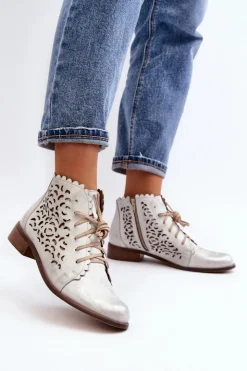 Zazoo Botki Wiosenne|Botki Skórzane*2871 Ażurowe Botki Damskie Sznurowane Srebrne Srebrny