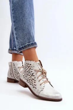 Zazoo Botki Wiosenne|Botki Skórzane*2871 Ażurowe Botki Damskie Sznurowane Srebrne Srebrny