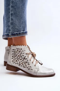 Zazoo Botki Wiosenne|Botki Skórzane*2871 Ażurowe Botki Damskie Sznurowane Srebrne Srebrny