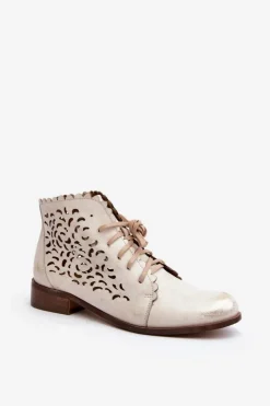 Damskie Zazoo 2871 Ażurowe Botki Damskie Sznurowane Złote Przecierane