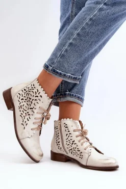 Damskie Zazoo 2871 Ażurowe Botki Damskie Sznurowane Złote Przecierane
