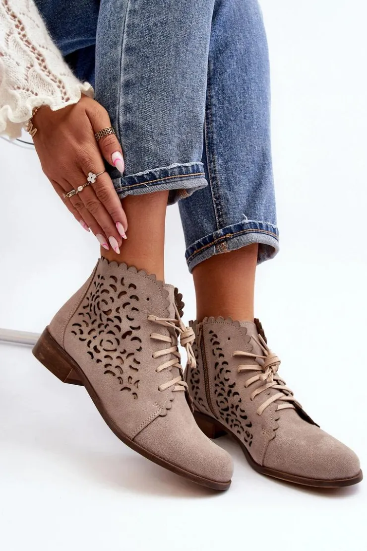 Zazoo Botki Wiosenne|Botki Skórzane*2871 Ażurowe Botki Damskie Sznurowane Beżowe Beżowy