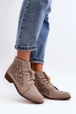 Zazoo Botki Wiosenne|Botki Skórzane*2871 Ażurowe Botki Damskie Sznurowane Beżowe Beżowy