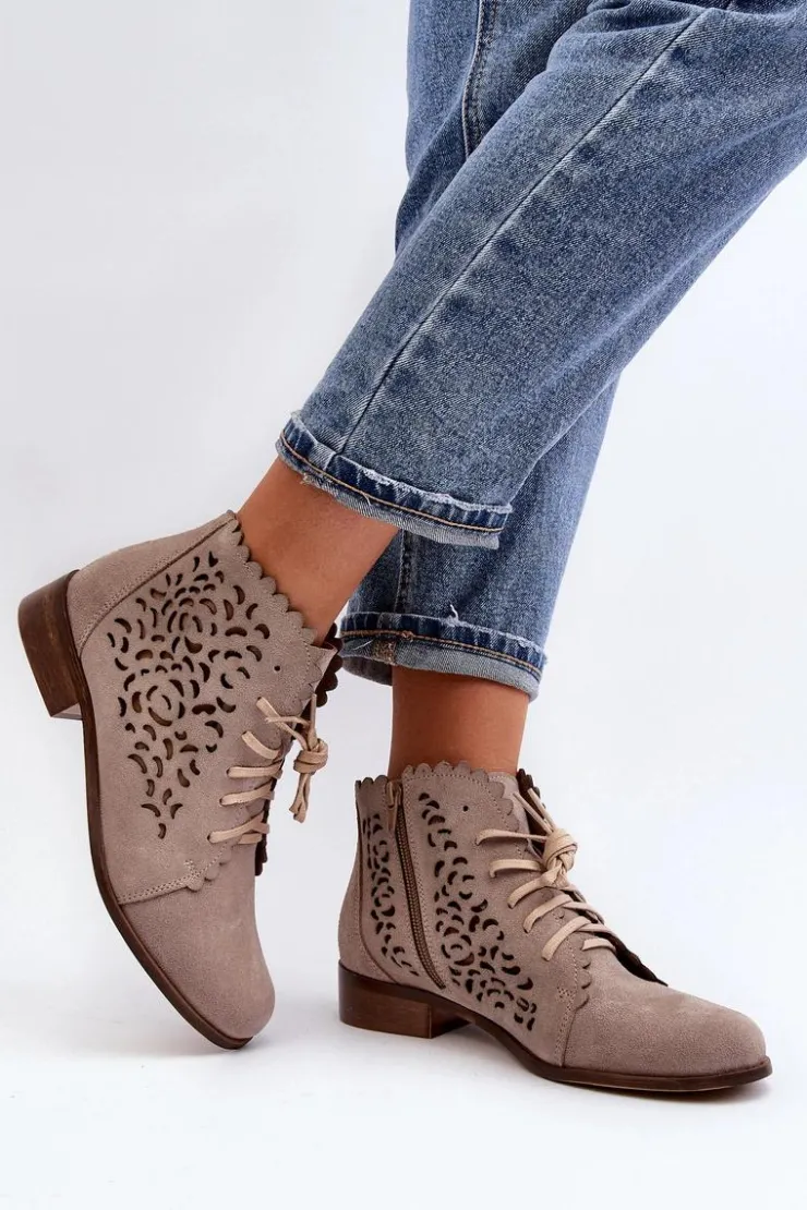 Zazoo Botki Wiosenne|Botki Skórzane*2871 Ażurowe Botki Damskie Sznurowane Beżowe Beżowy