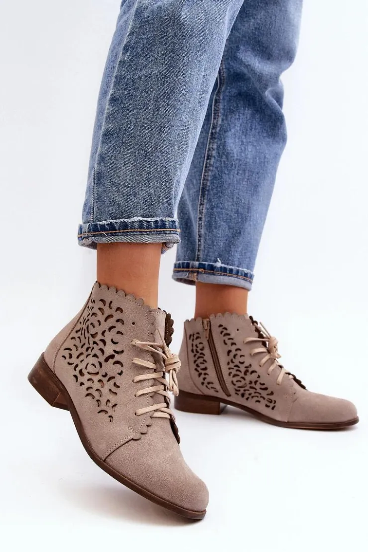 Zazoo Botki Wiosenne|Botki Skórzane*2871 Ażurowe Botki Damskie Sznurowane Beżowe Beżowy