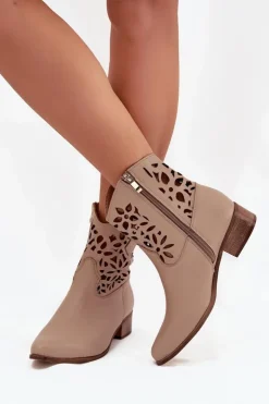 Boto Botki Wiosenne|Botki Na Słupku*Zazoo 3404 Ażurowe Botki Kowbojki Na Niskim Obcasie Skórzane Ciemnobeżowe