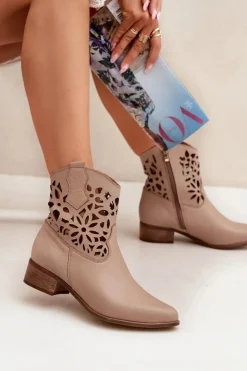 Boto Botki Wiosenne|Botki Na Słupku*Zazoo 3404 Ażurowe Botki Kowbojki Na Niskim Obcasie Skórzane Ciemnobeżowe