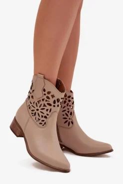 Boto Botki Wiosenne|Botki Na Słupku*Zazoo 3404 Ażurowe Botki Kowbojki Na Niskim Obcasie Skórzane Ciemnobeżowe